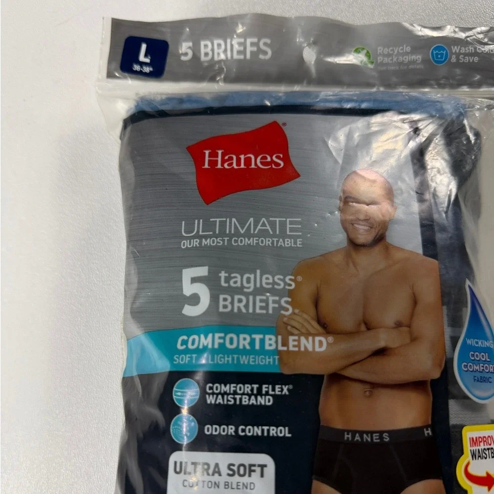 Hanes Ultimate ComfortBlend Mens 5 Pack Tagless Briefs Blue Black L 36-38 NEW - Picture 3 of 6